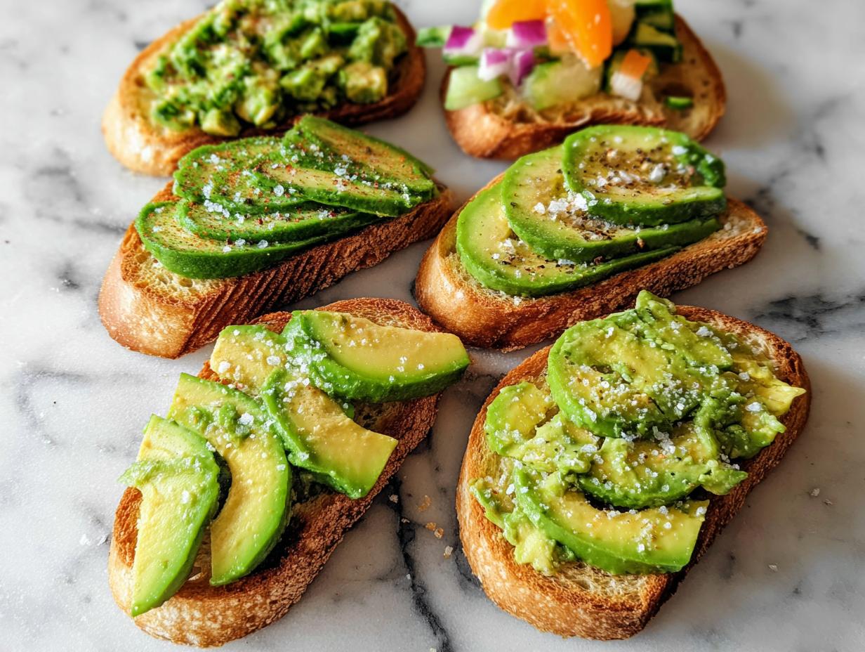 A spread of various avocado toast options, showcasing sliced and mashed avocado on toasted bread with seasonings.
