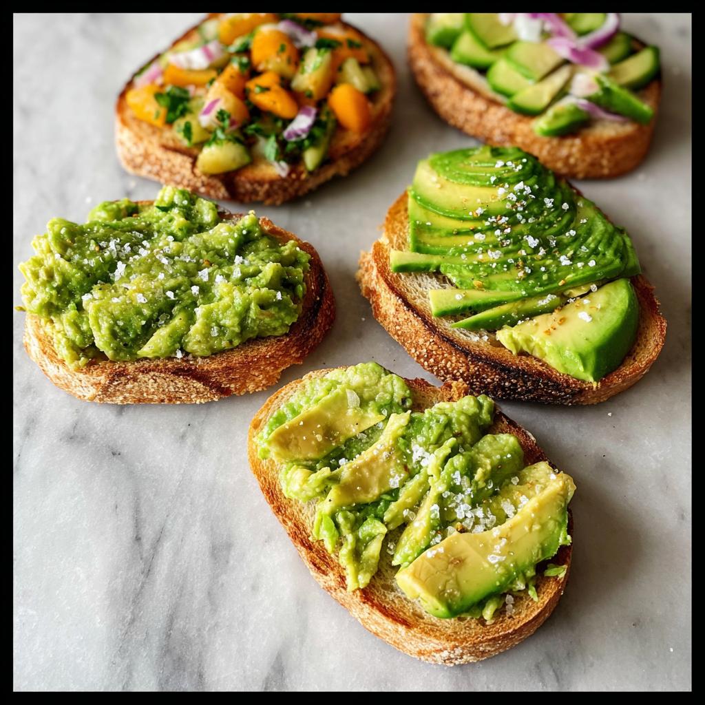 A selection of five toasts topped with creamy mashed and sliced avocado, seasoned with salt. Includes avocado toast and other toppings.