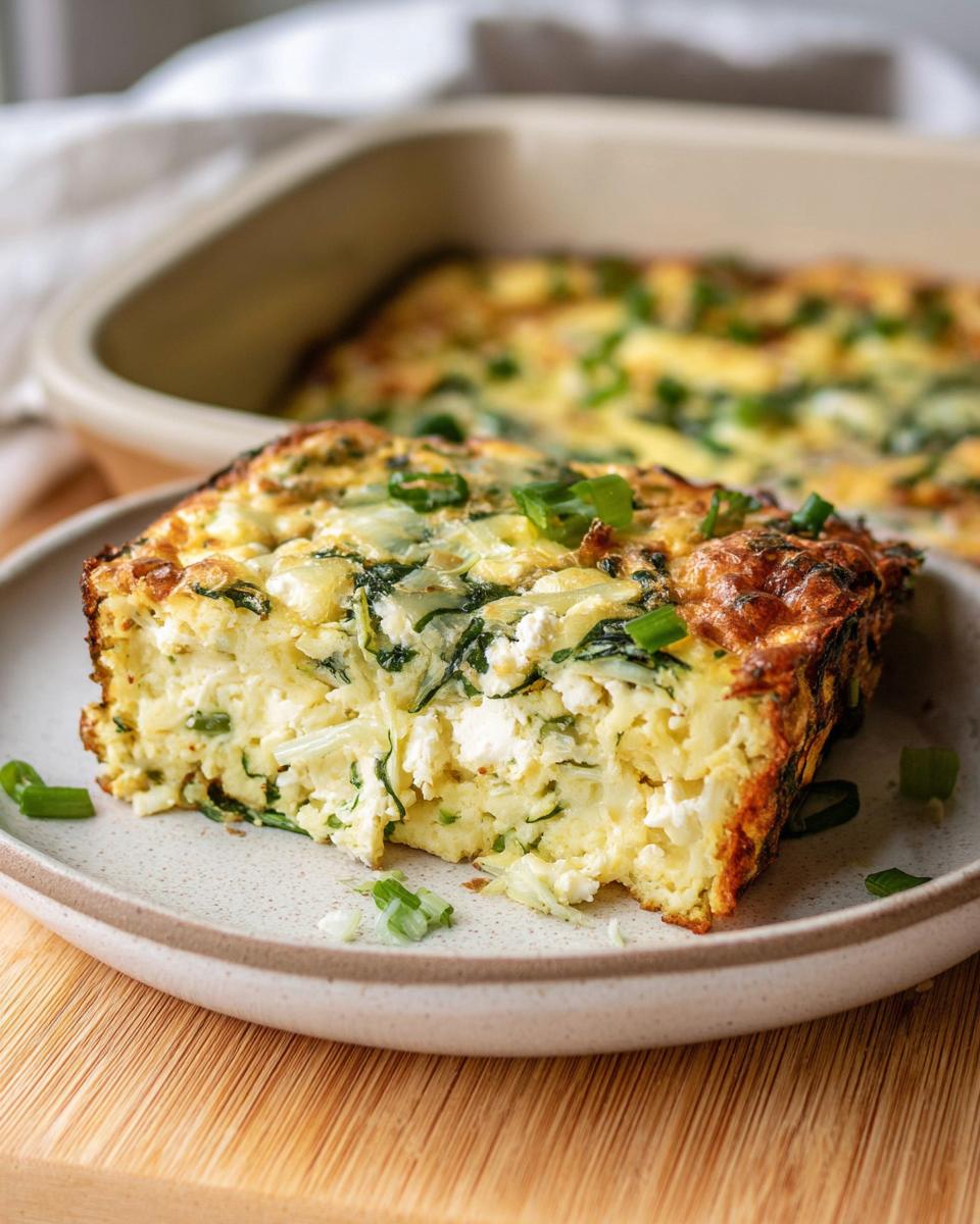 A slice of Baked Cottage Cheese Eggs with spinach and green onions, served on a plate.