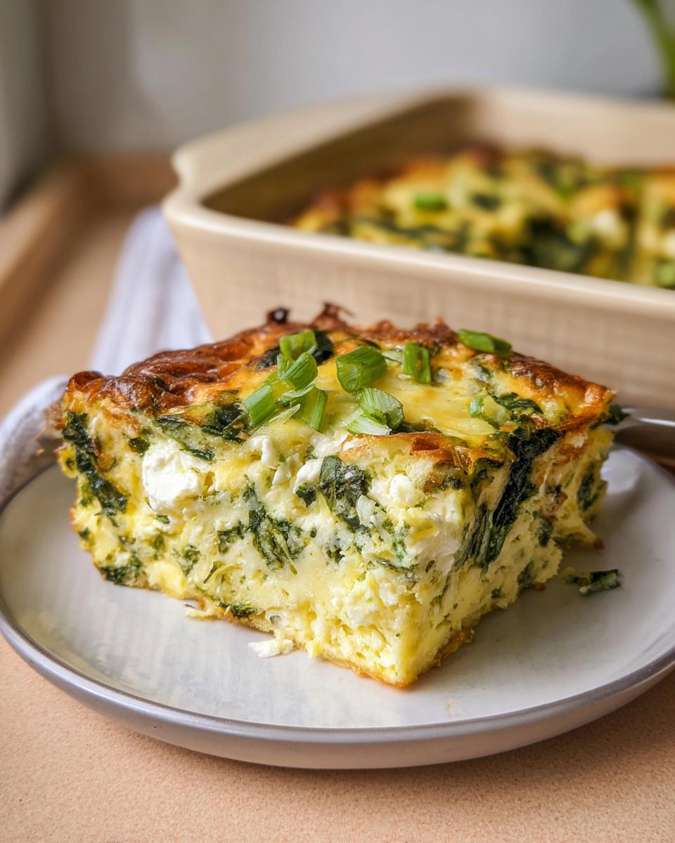 A slice of baked cottage cheese eggs with spinach and feta cheese, garnished with green onions.