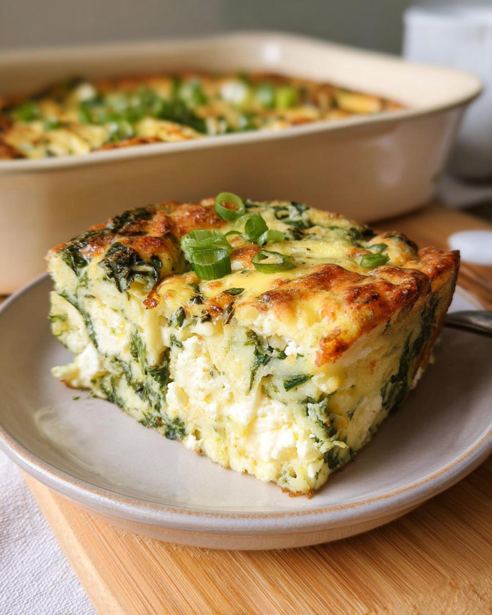 A slice of baked cottage cheese eggs with spinach and green onions on a plate, ready to eat.