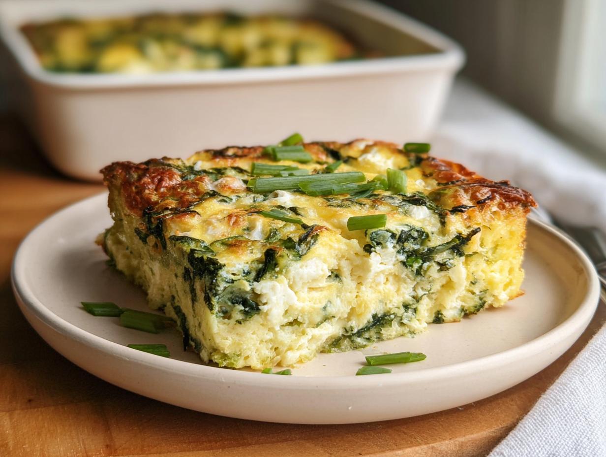 A slice of Baked Cottage Cheese Eggs with spinach and feta, garnished with chives, on a plate.