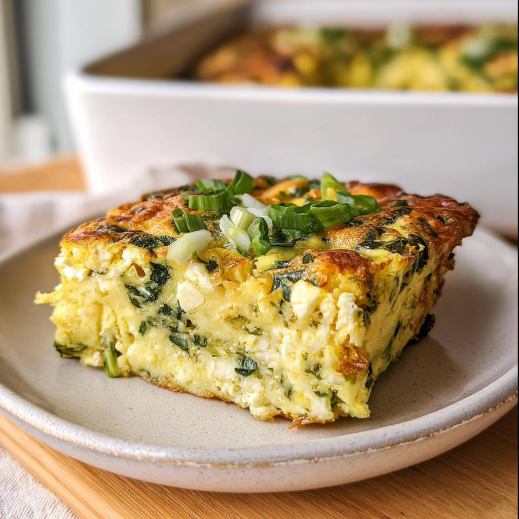 A slice of baked cottage cheese eggs with spinach and feta cheese, topped with green onions.
