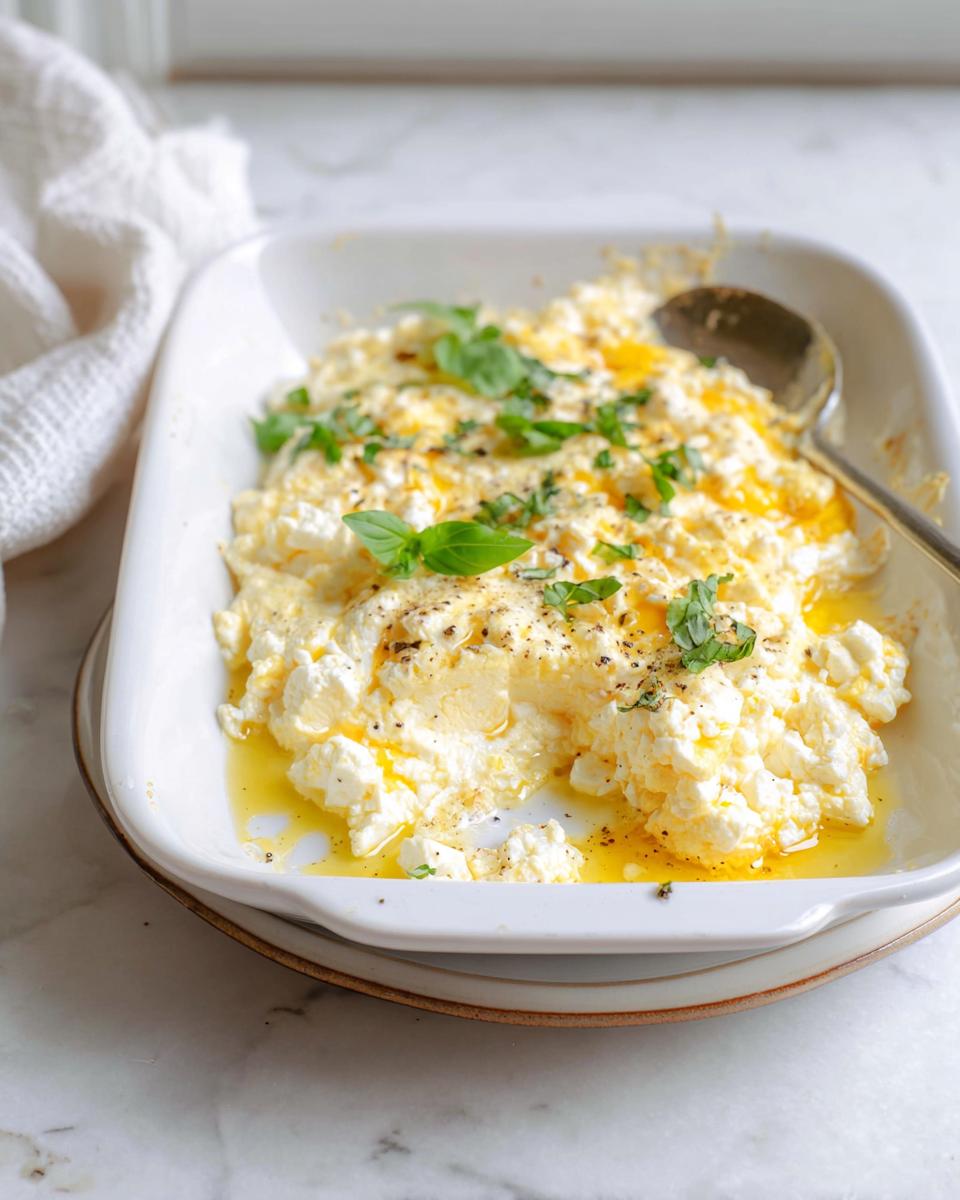 Close-up of baked feta eggs in a white dish, topped with fresh basil and cracked black pepper.