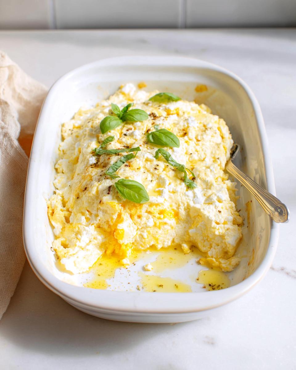 A close-up of baked feta eggs in a white dish, topped with fresh basil and drizzled with olive oil.