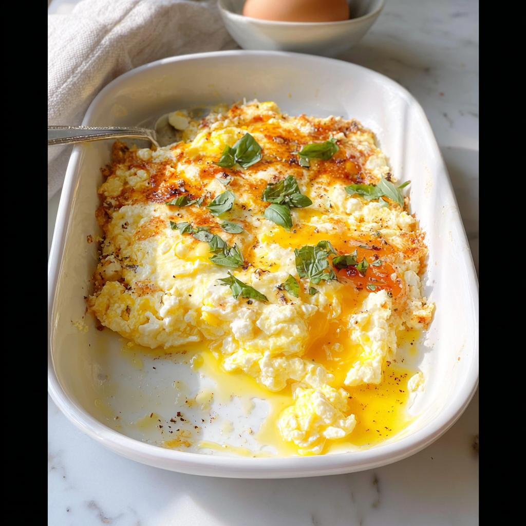 A close-up of baked feta eggs in a white dish, topped with fresh basil and drizzled with olive oil.