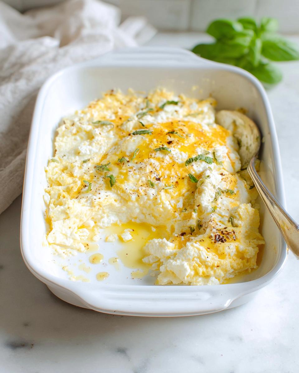 A white casserole dish filled with baked feta eggs, topped with melted cheese and fresh herbs.