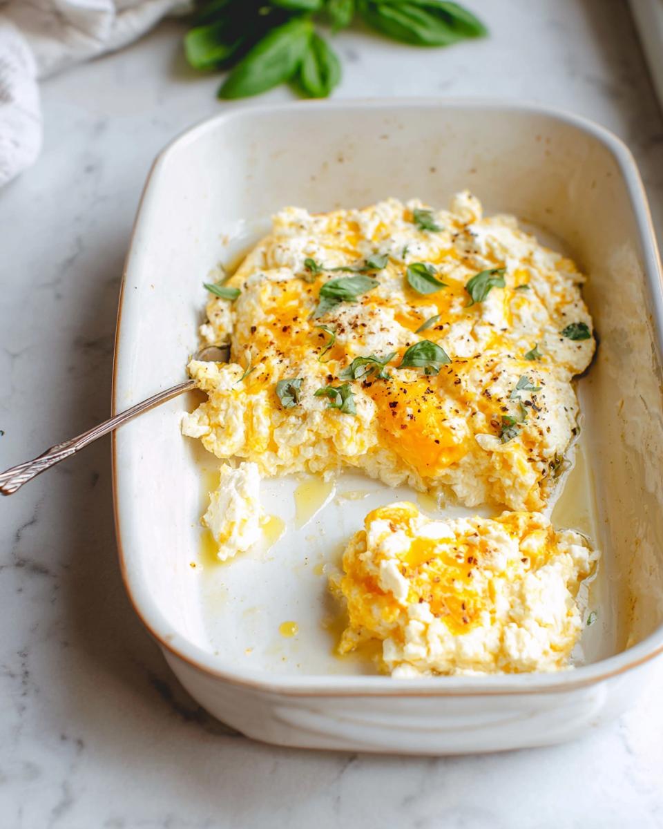Close-up of baked feta eggs in a white dish, topped with melted cheese, fresh basil, and cracked pepper.