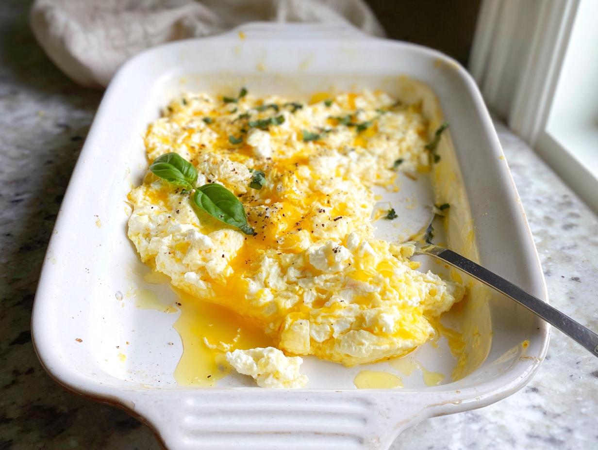 A close-up of baked feta eggs in a white baking dish, topped with fresh basil and herbs.