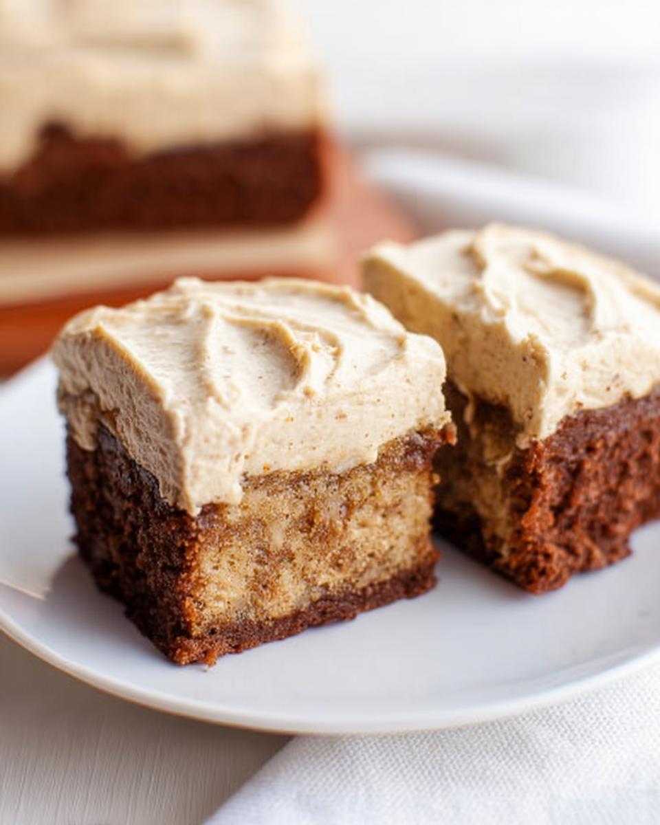 Two moist Banana Bread Brownies Made Easy, topped with creamy frosting, on a white plate.