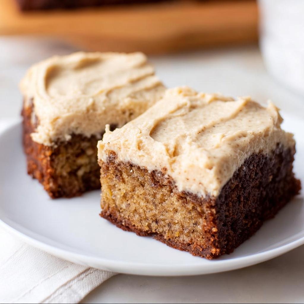 Two slices of moist Banana Bread Brownies Made Easy, topped with creamy frosting on a white plate.