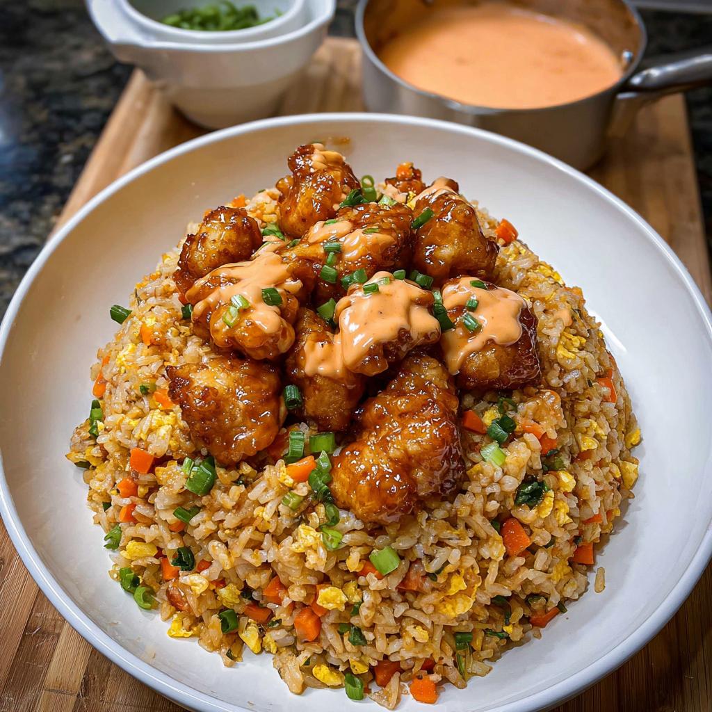 A bowl of Bang Bang Fried Rice topped with crispy chicken pieces drizzled with sauce and garnished with green onions.