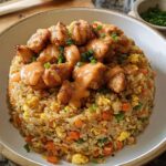 A bowl of Bang Bang Fried Rice topped with crispy fried chicken pieces and drizzled with a creamy orange sauce, garnished with green onions.