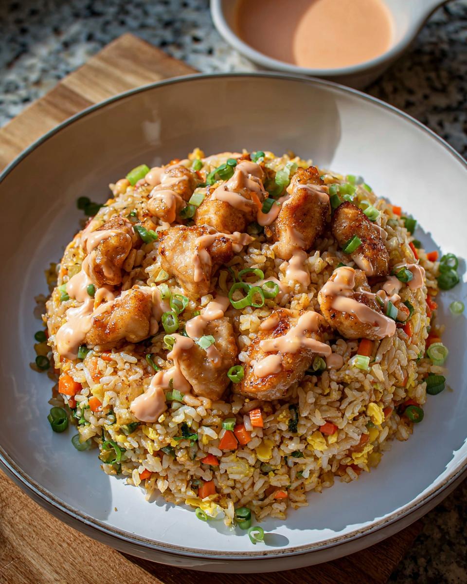 A bowl of Bang Bang Fried Rice topped with crispy chicken pieces and drizzled with a creamy sauce, garnished with green onions.