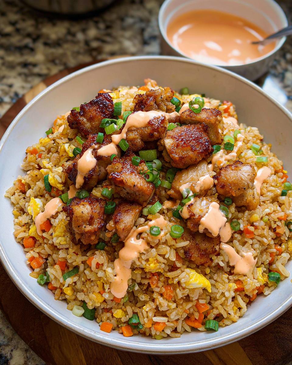A bowl of Bang Bang Fried Rice topped with crispy chicken pieces and drizzled with sauce, garnished with green onions.