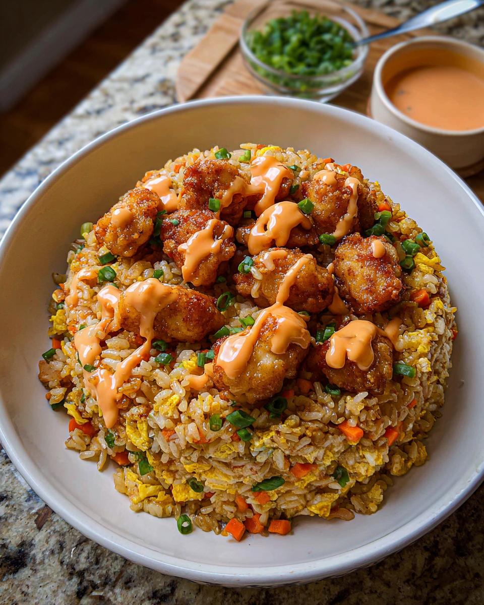 A bowl of Bang Bang Fried Rice topped with crispy fried chicken pieces drizzled with sauce and garnished with scallions.