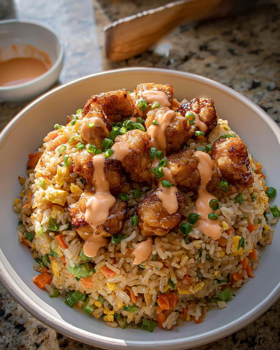 A bowl of Bang Bang Fried Rice topped with crispy fried chicken pieces and drizzled with sauce, garnished with green onions.
