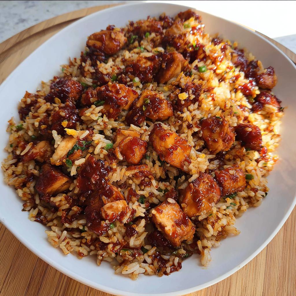 A close-up of a white bowl filled with BBQ Chicken and Rice, featuring glazed chicken pieces mixed with seasoned rice and green onions.