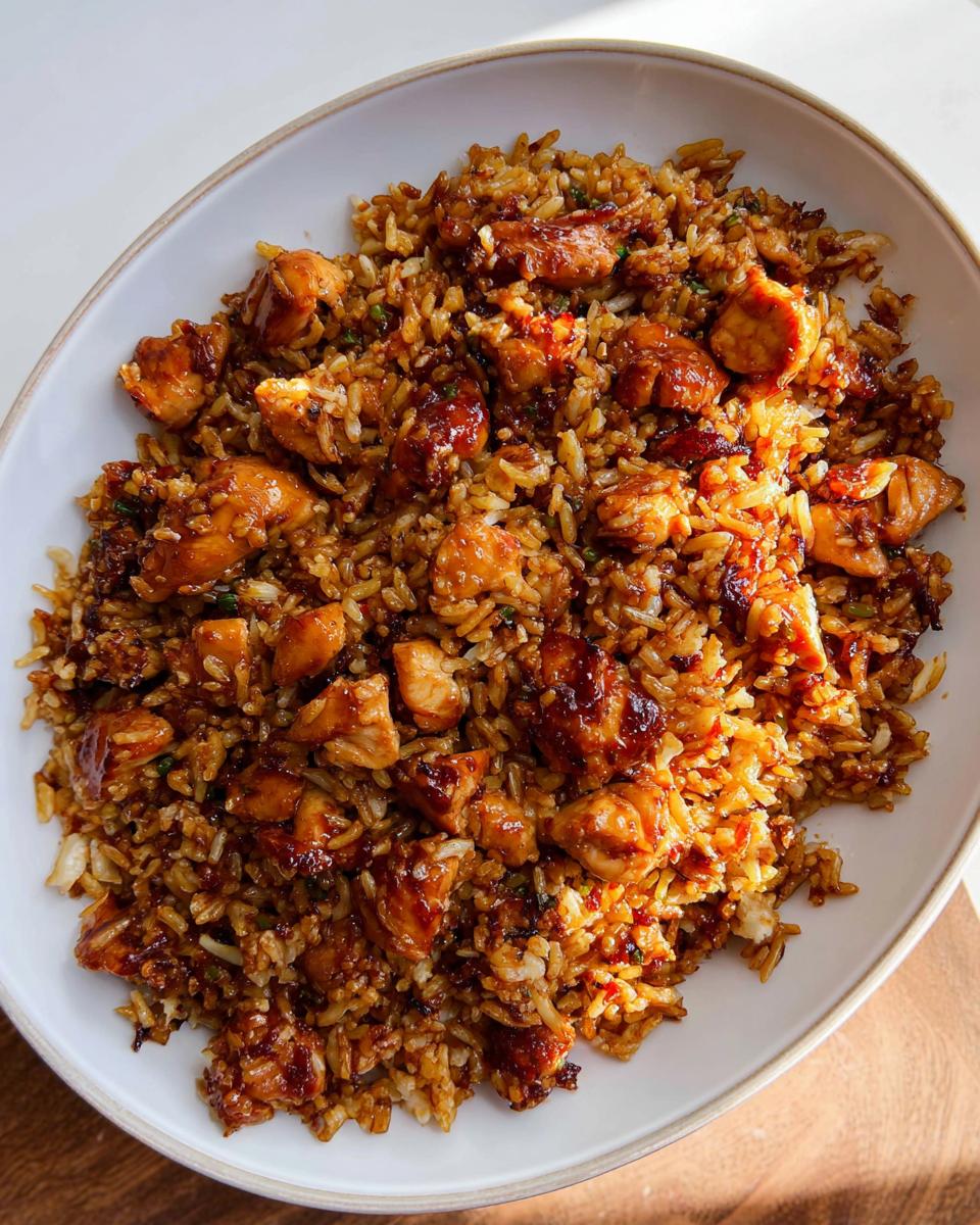 A close-up overhead view of a serving dish filled with flavorful BBQ Chicken and Rice.