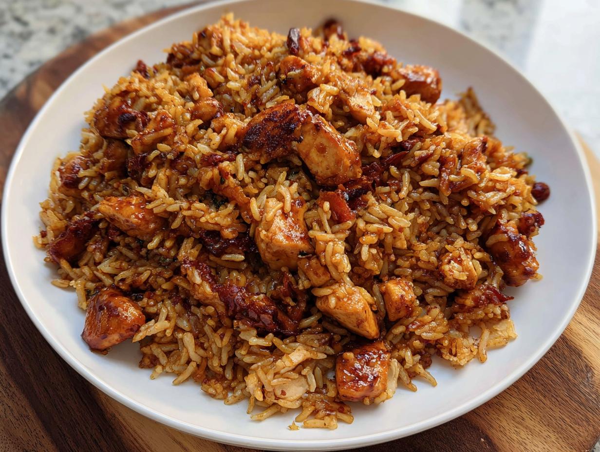 A close-up shot of a white plate filled with savory BBQ Chicken and Rice, featuring tender chicken pieces mixed with fluffy rice.