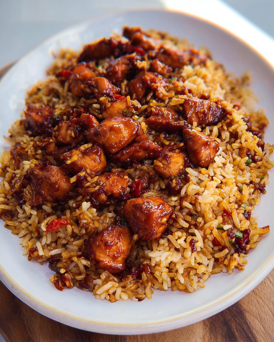 A close-up of a white plate filled with flavorful BBQ Chicken and Rice, featuring glazed chicken pieces atop seasoned rice.