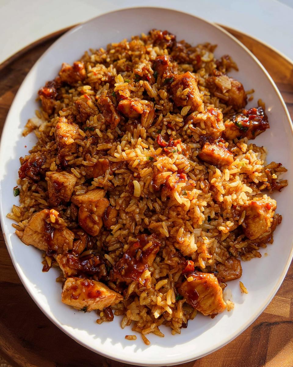 A close-up of a white oval platter filled with delicious BBQ Chicken and Rice, glistening with sauce.