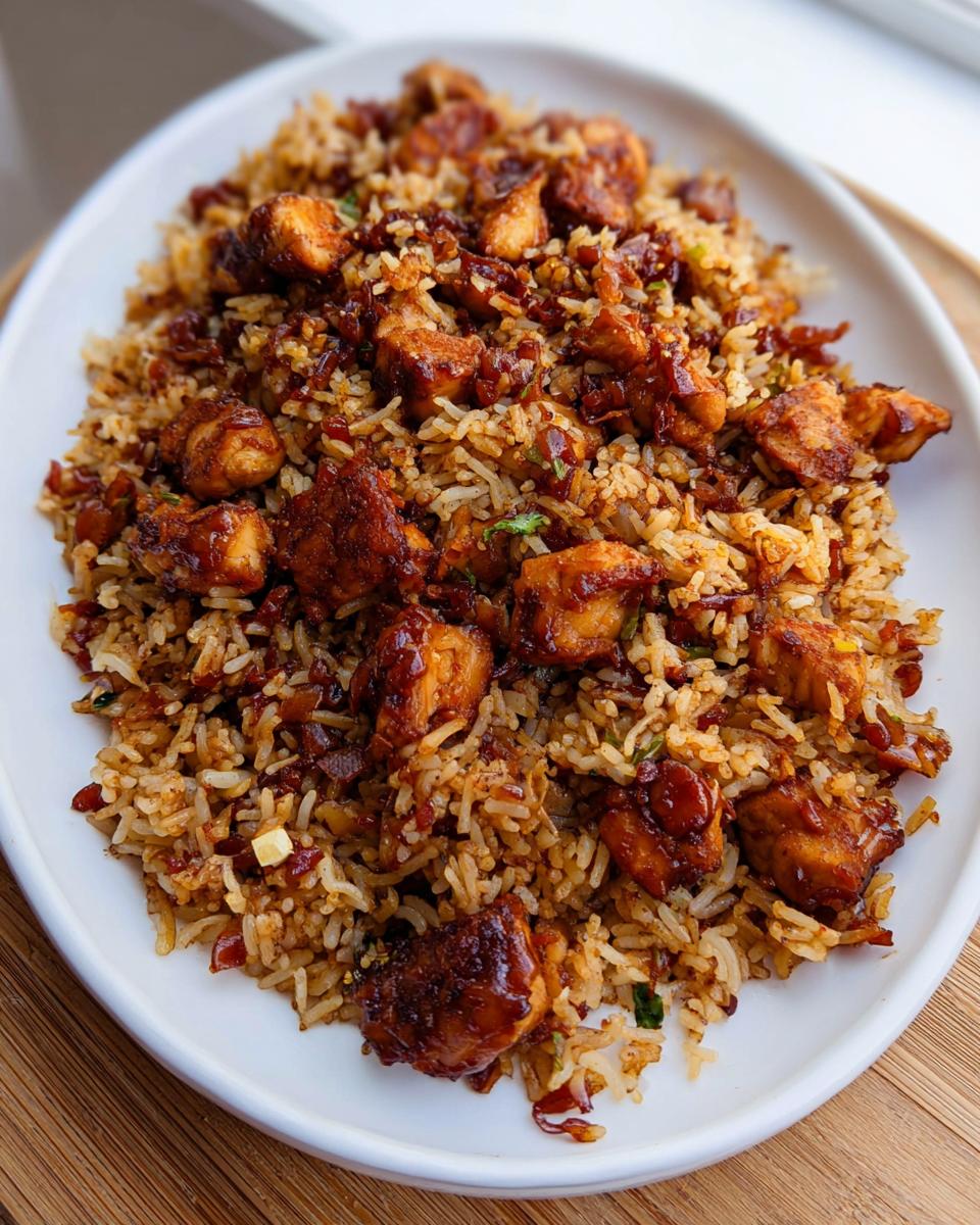A close-up of a white oval platter filled with savory BBQ Chicken and Rice, featuring glazed chicken pieces mixed throughout the rice.