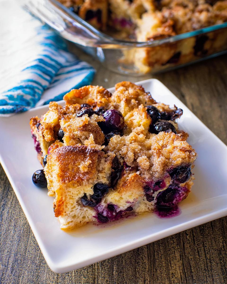 A delicious slice of Best Blueberry French Toast Casserole, with golden-brown bread, bursting blueberries, and a crumb topping.