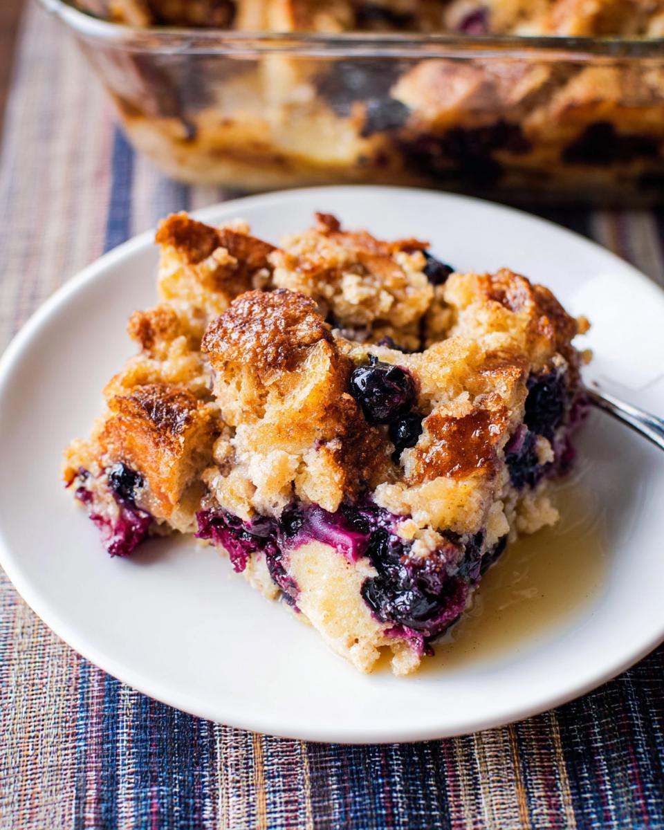 A delicious slice of Best Blueberry French Toast Casserole on a white plate, with visible blueberries and a golden-brown crust.