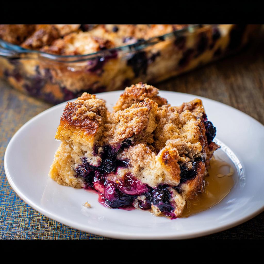 A delicious slice of Best Blueberry French Toast Casserole on a white plate, drizzled with syrup.
