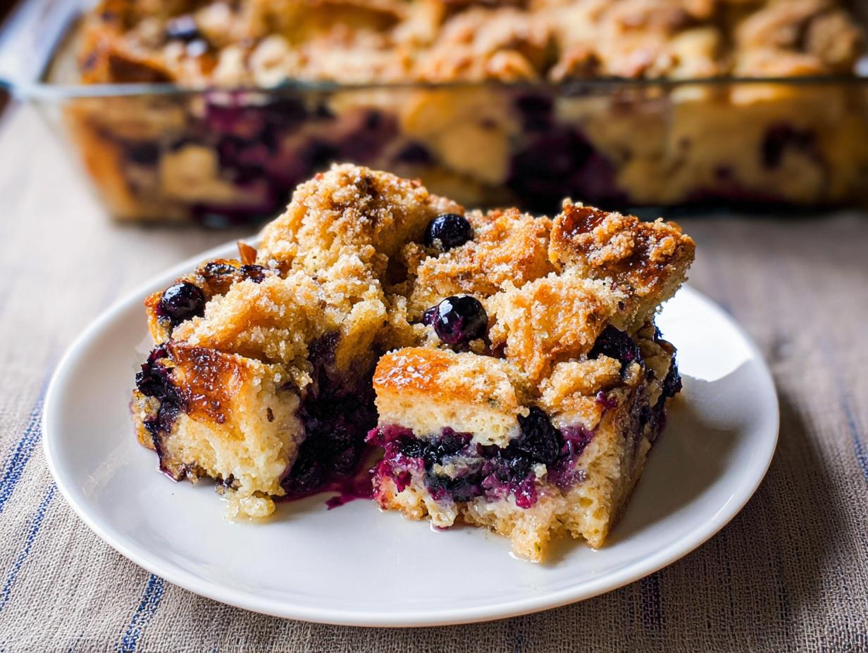 A close-up of two slices of the Best Blueberry French Toast Casserole on a white plate, with the rest of the casserole in the background.