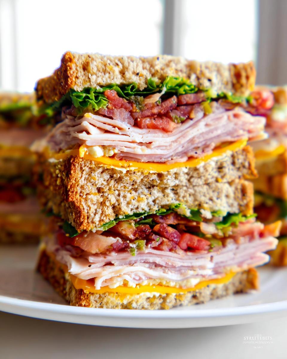 A tall stack of a Breakfast Club Sandwich on whole wheat bread, filled with turkey, bacon, cheese, lettuce, and tomato.