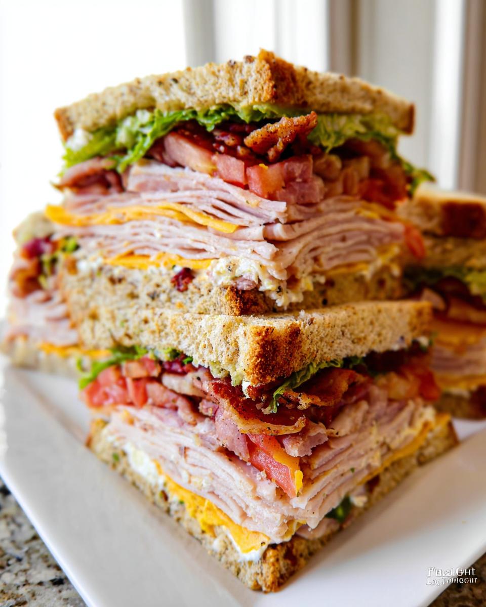 A tall, stacked Breakfast Club Sandwich with layers of turkey, bacon, cheese, lettuce, and tomato on whole wheat bread.