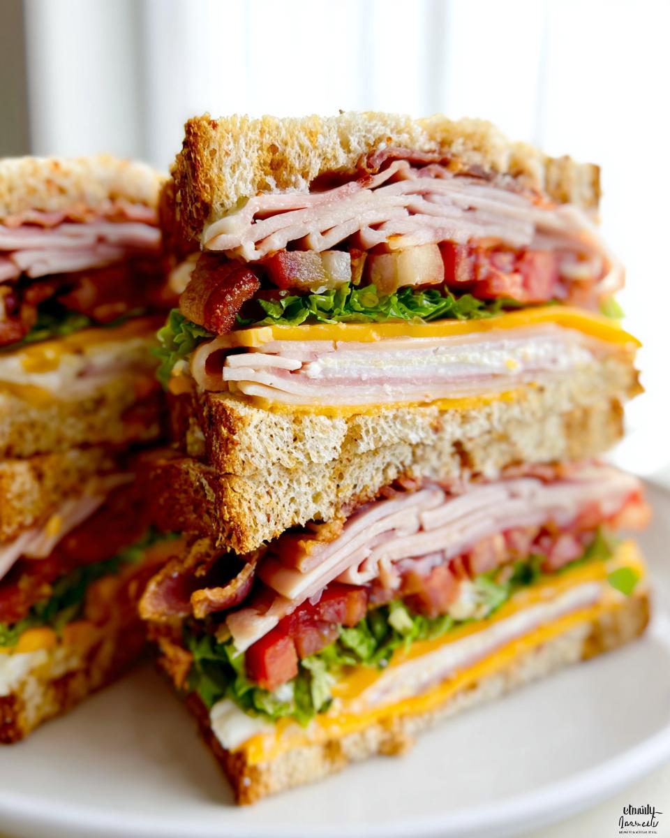 A tall, layered Breakfast Club Sandwich with toasted bread, turkey, bacon, cheese, lettuce, and tomato.