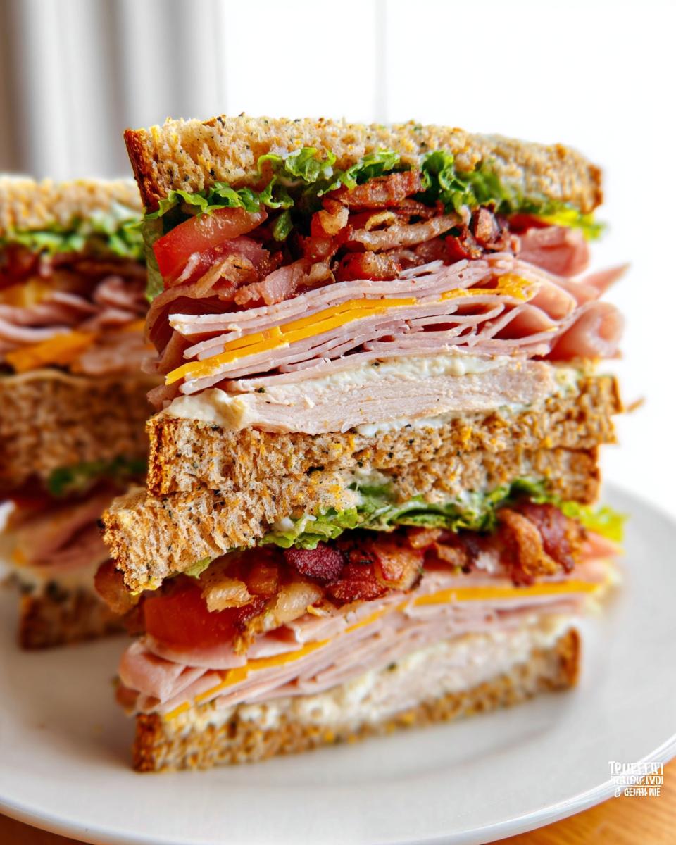 A tall, stacked Breakfast Club Sandwich with multiple layers of turkey, ham, bacon, cheese, lettuce, and tomato on whole wheat bread.