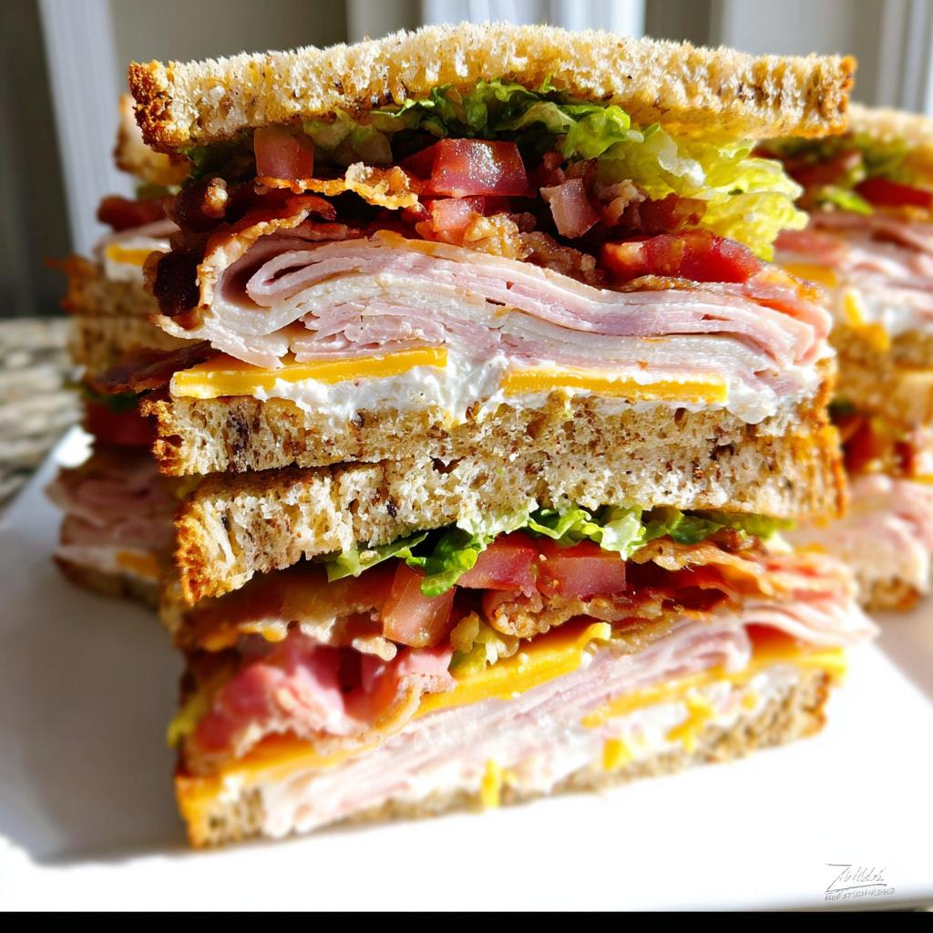 A tall, stacked Breakfast Club Sandwich with layers of turkey, ham, bacon, cheese, lettuce, and tomato on toasted bread.