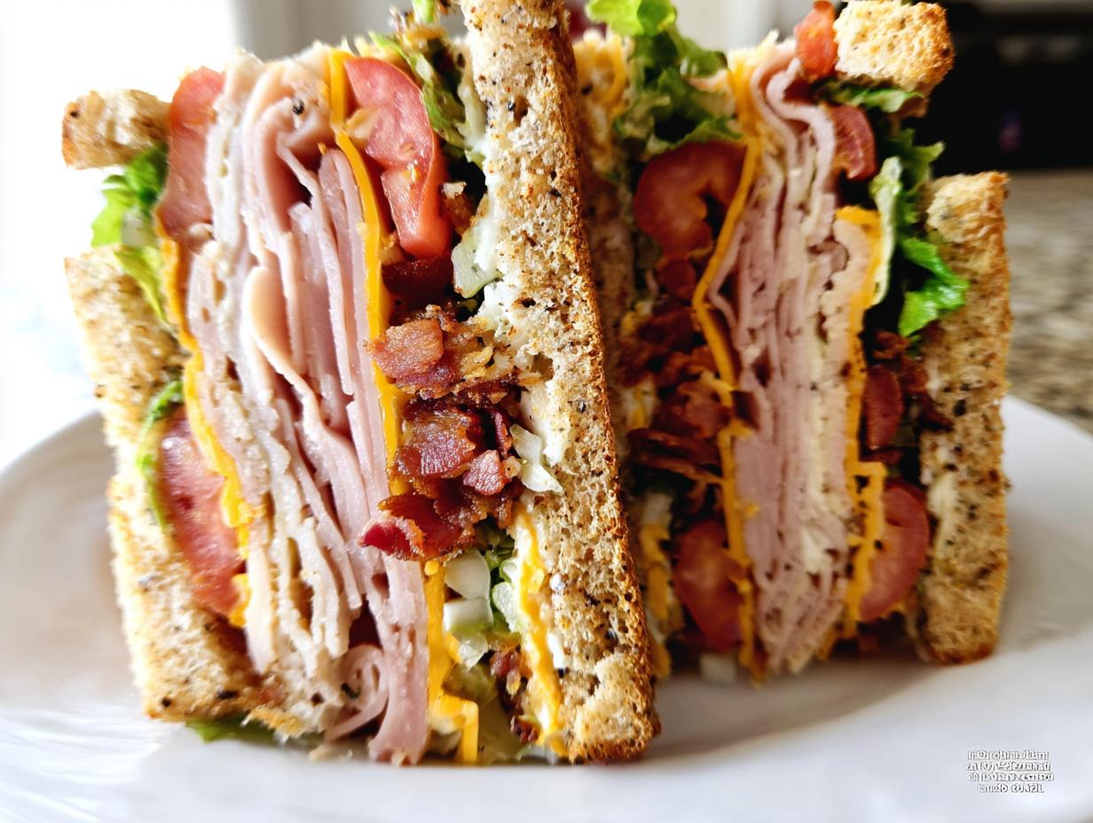 A tall and delicious Breakfast Club Sandwich, cut in half, showing layers of turkey, bacon, cheese, tomato, and lettuce on toasted bread.