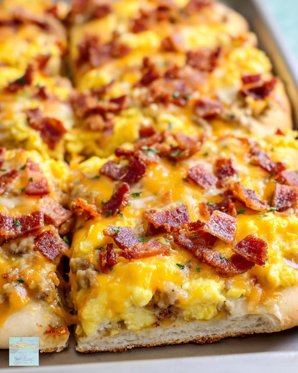 Close-up of a breakfast pizza egg recipe topped with scrambled eggs, cheese, and crispy bacon.