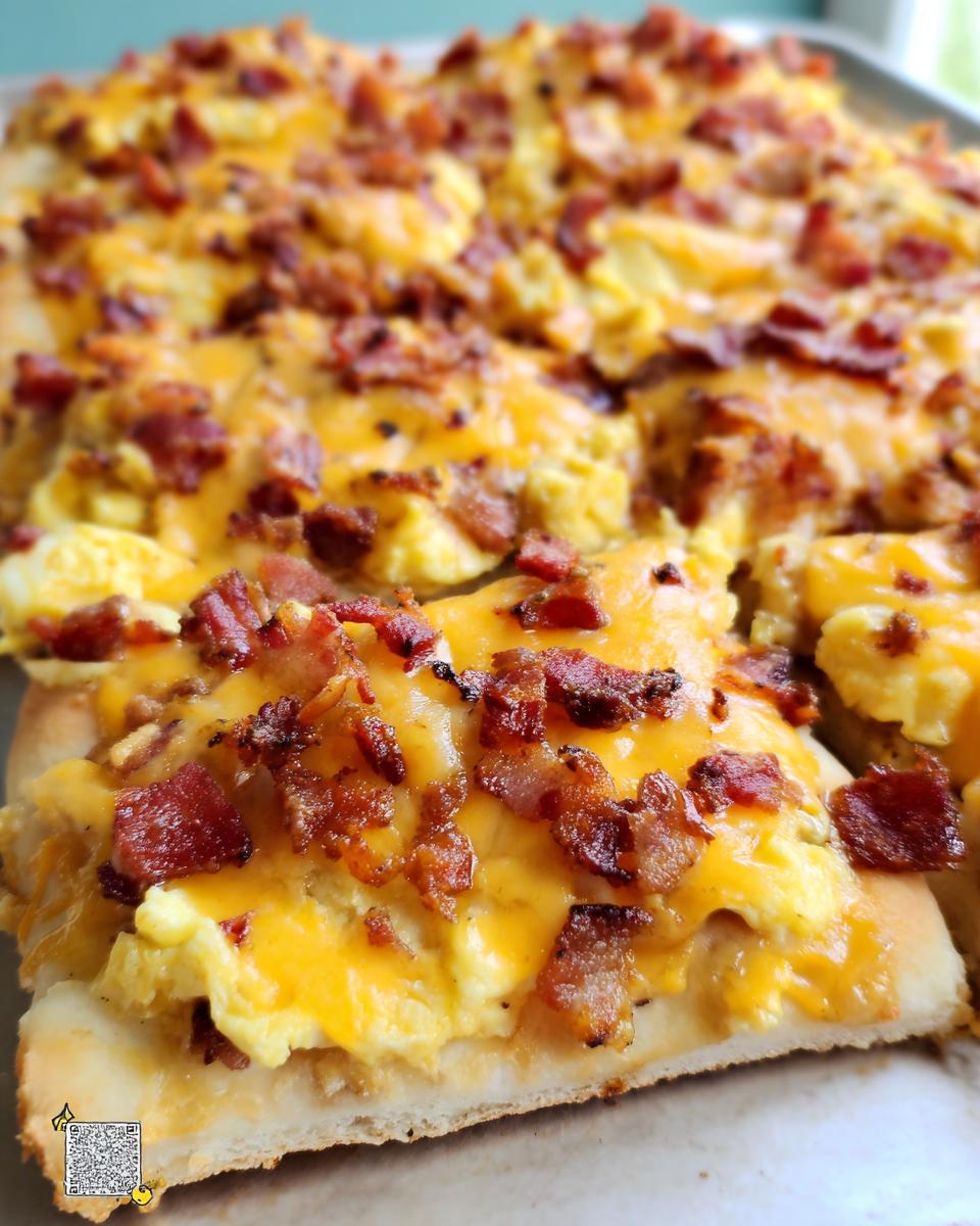 A slice of breakfast pizza egg recipe topped with scrambled eggs, melted cheddar cheese, and crispy bacon.