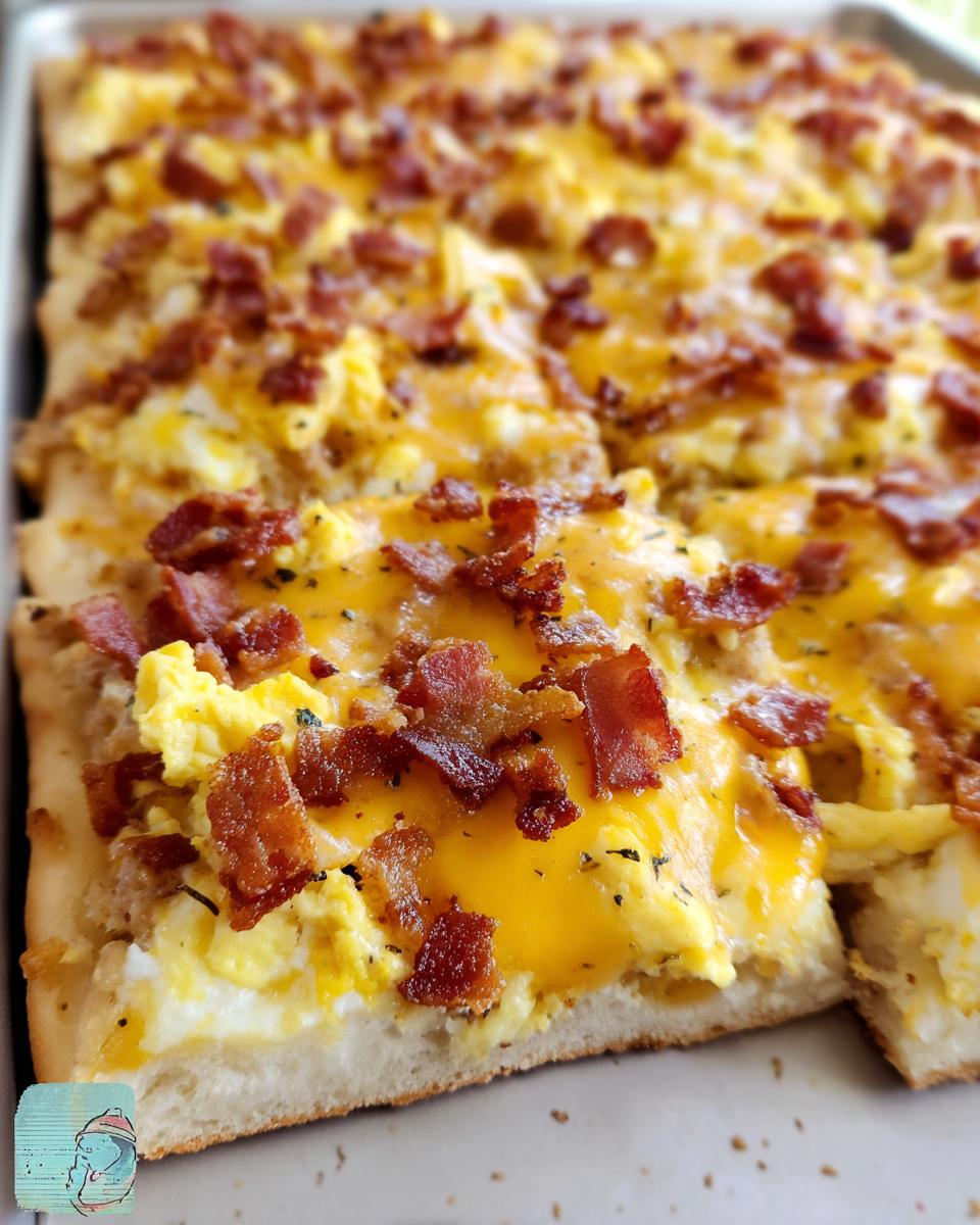 Close-up of a slice of breakfast pizza with scrambled eggs, melted cheddar cheese, and crispy bacon.