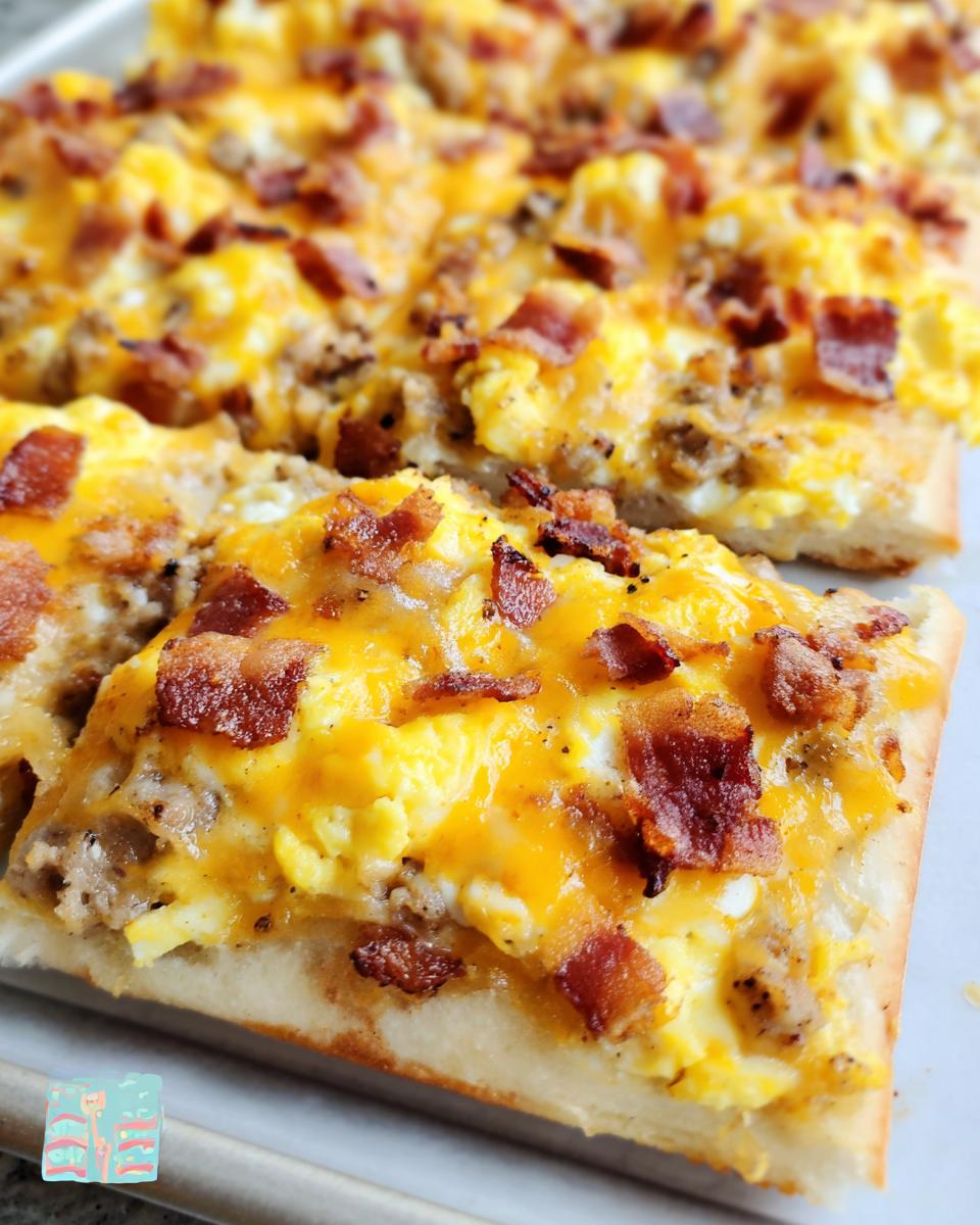 A slice of breakfast pizza with scrambled eggs, sausage, bacon, and melted cheese.