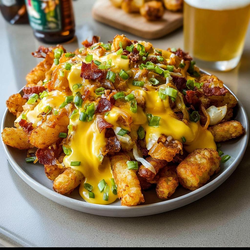 A plate of crispy tater tots topped with melted cheese, bacon bits, and green onions, drizzled with Hollandaise sauce.