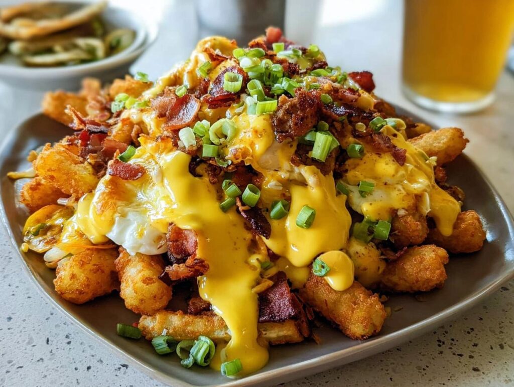 A plate of Breakfast Poutine with Hollandaise Sauce, crispy tater tots, fried eggs, bacon, and green onions.