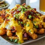 A plate of Breakfast Poutine with Hollandaise Sauce, crispy tater tots, fried eggs, bacon, and green onions.