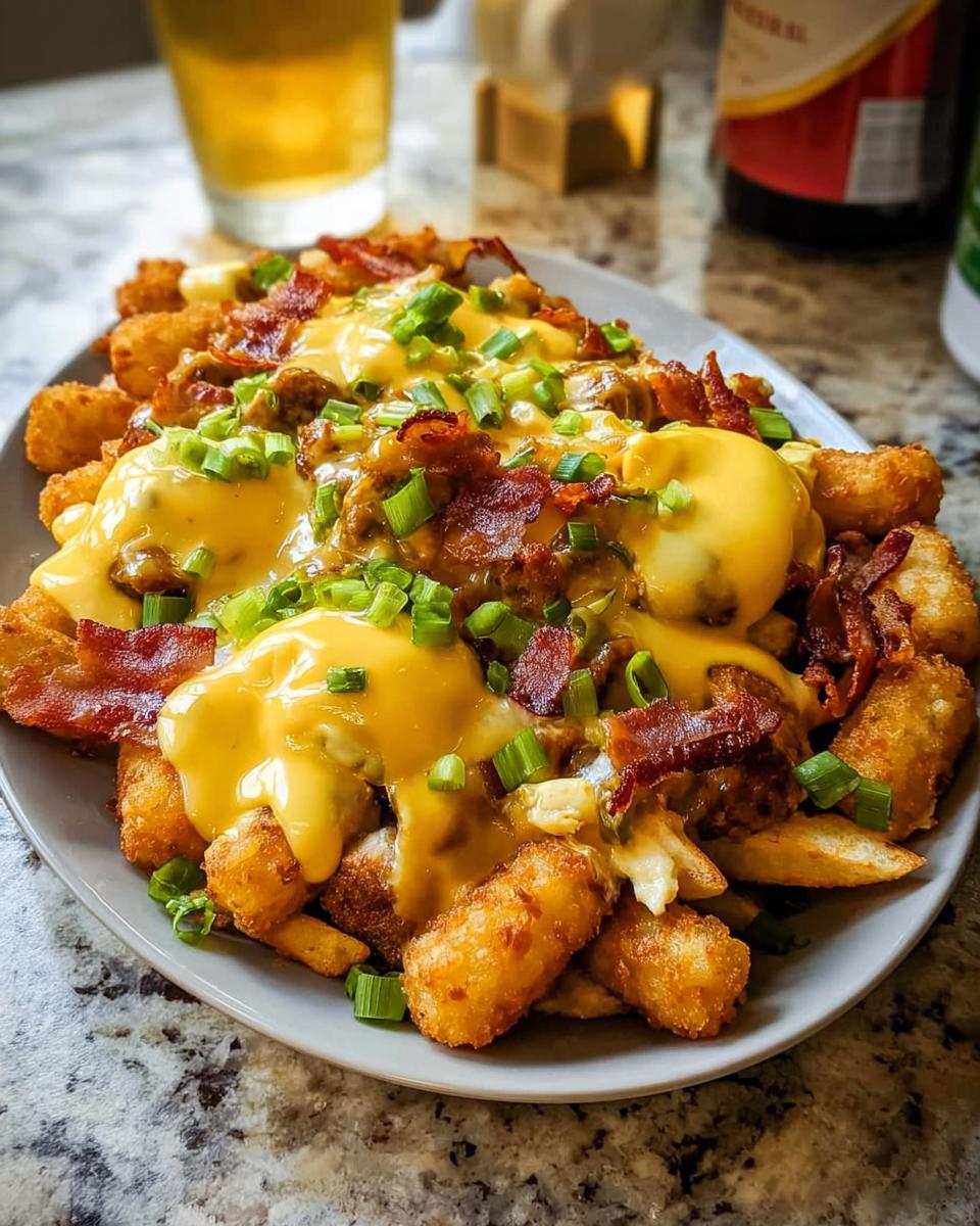 A plate of Breakfast Poutine with crispy tater tots, bacon, hollandaise sauce, and green onions.