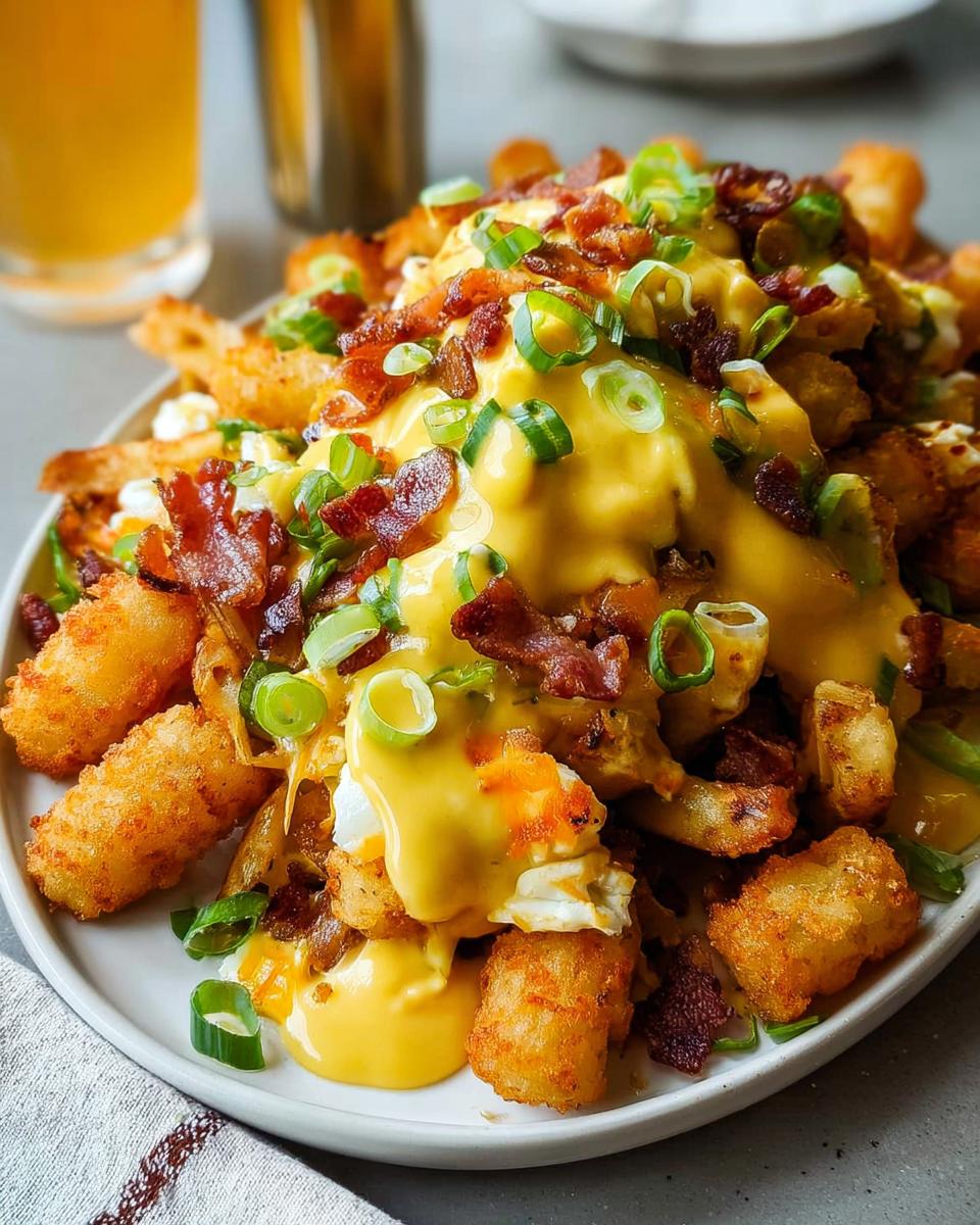 A plate piled high with Breakfast Poutine featuring crispy tater tots, french fries, bacon, eggs, and rich Hollandaise Sauce, garnished with green onions.