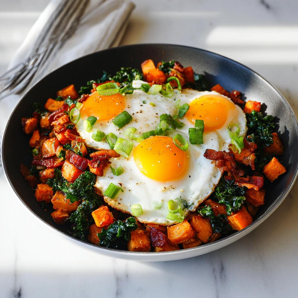 A hearty BREAKFAST SWEET POTATO hash topped with three sunny-side-up eggs, crispy bacon, and green onions.