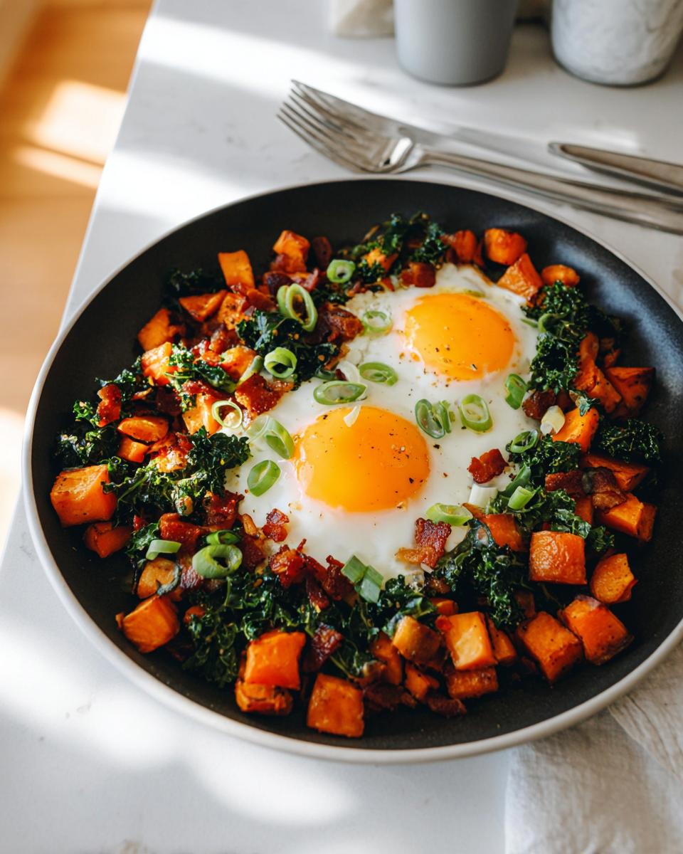A delicious one-pan BREAKFAST SWEET POTATO dish with fried eggs, kale, bacon, and green onions.