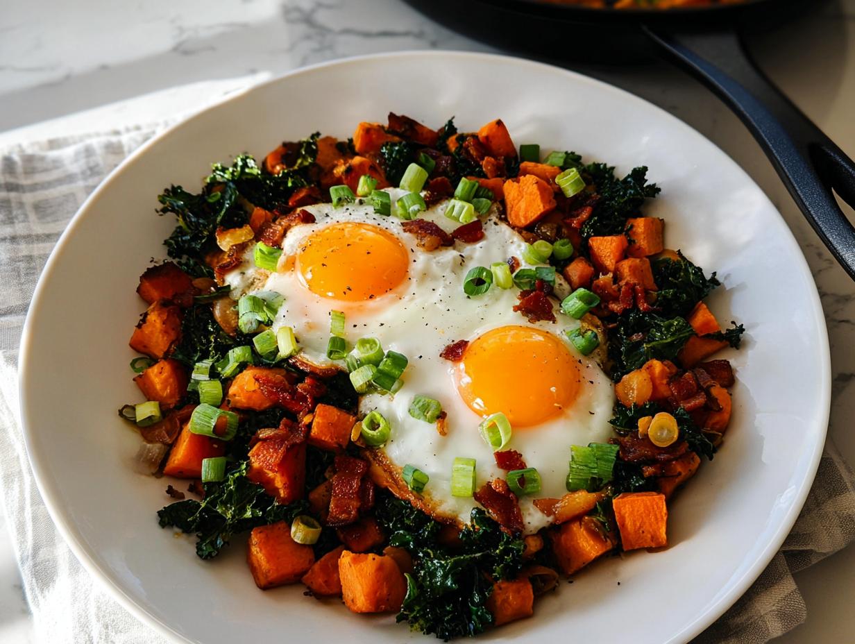 A hearty one-pan BREAKFAST SWEET POTATO dish with two fried eggs, kale, bacon, and green onions.