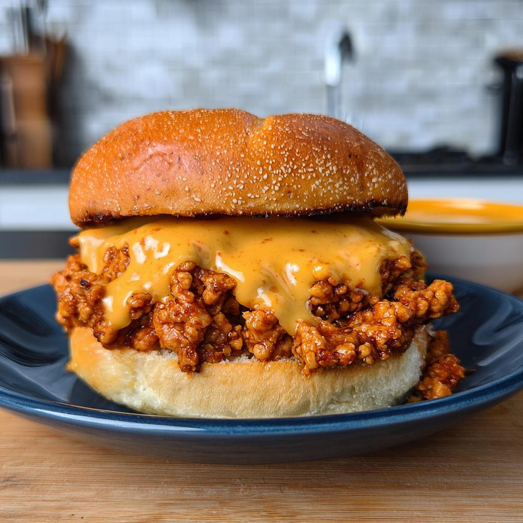 A delicious Cajun Chicken Sloppy Joe sandwich topped with melted creamy cheese sauce on a sesame seed bun.